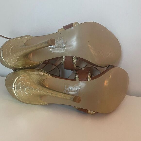 GUESS Brown Gold Snake Skin Strappy Buckle Sandals Heels Size 9.5 Shoes - Picture 11 of 14